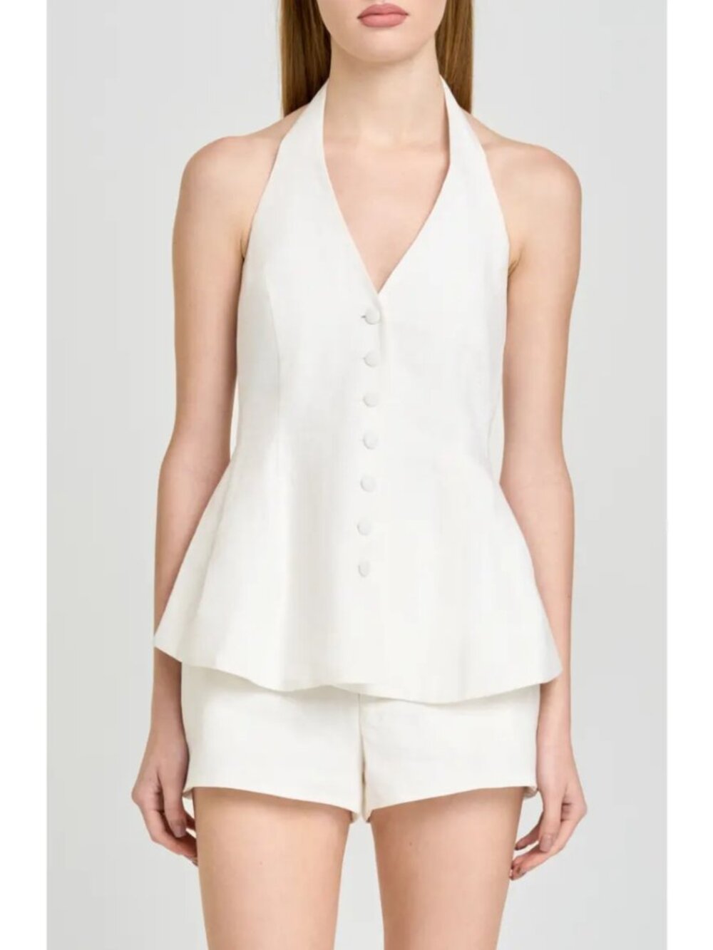 Wayf Paloma Button-Up Peplum Halter Top Ivory V-Neck Pleated Linen Blend M NWT